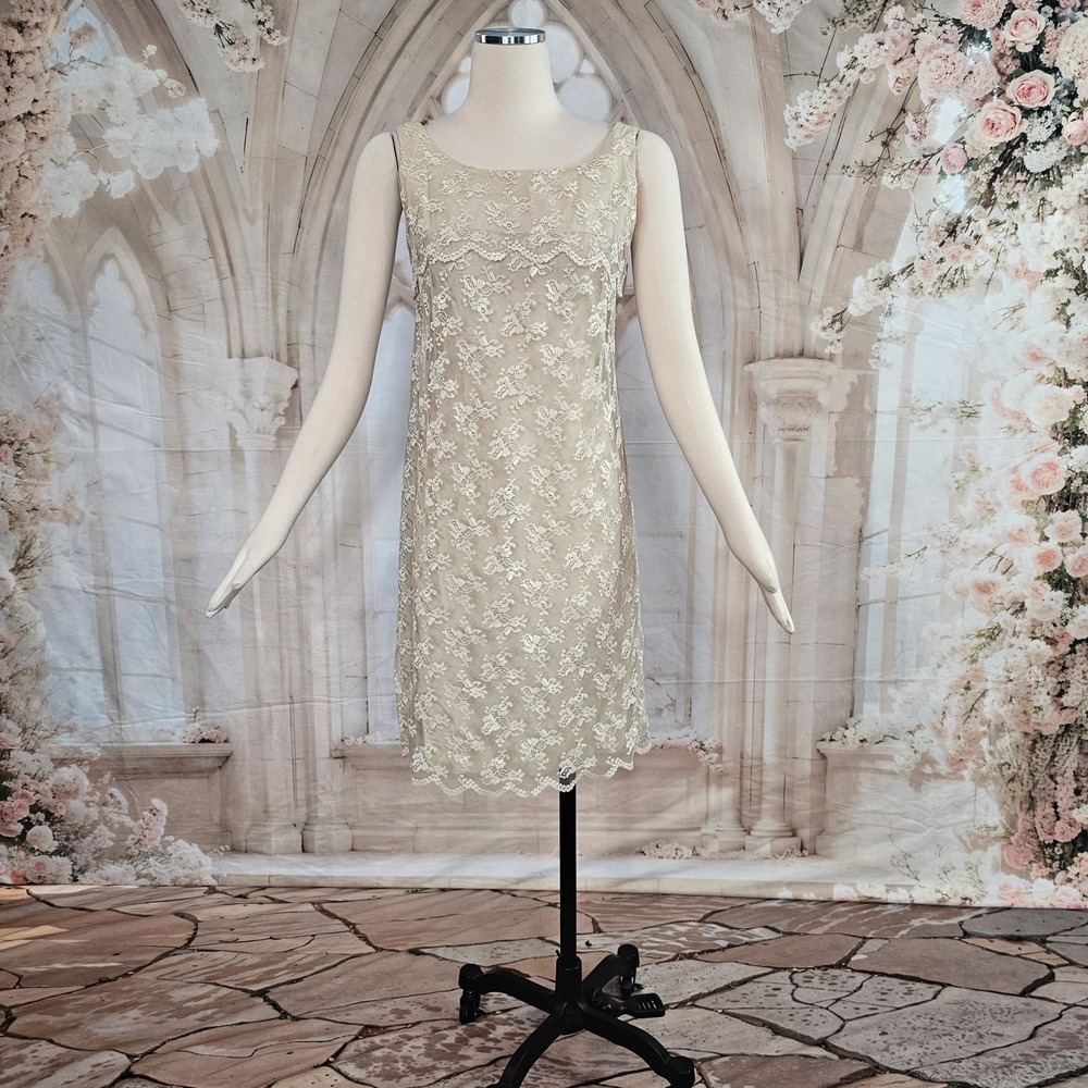 Vintage 1960's Dress Shift Beige Lace Overlay Empire Waist Mod Formal - Picture 5 of 14
